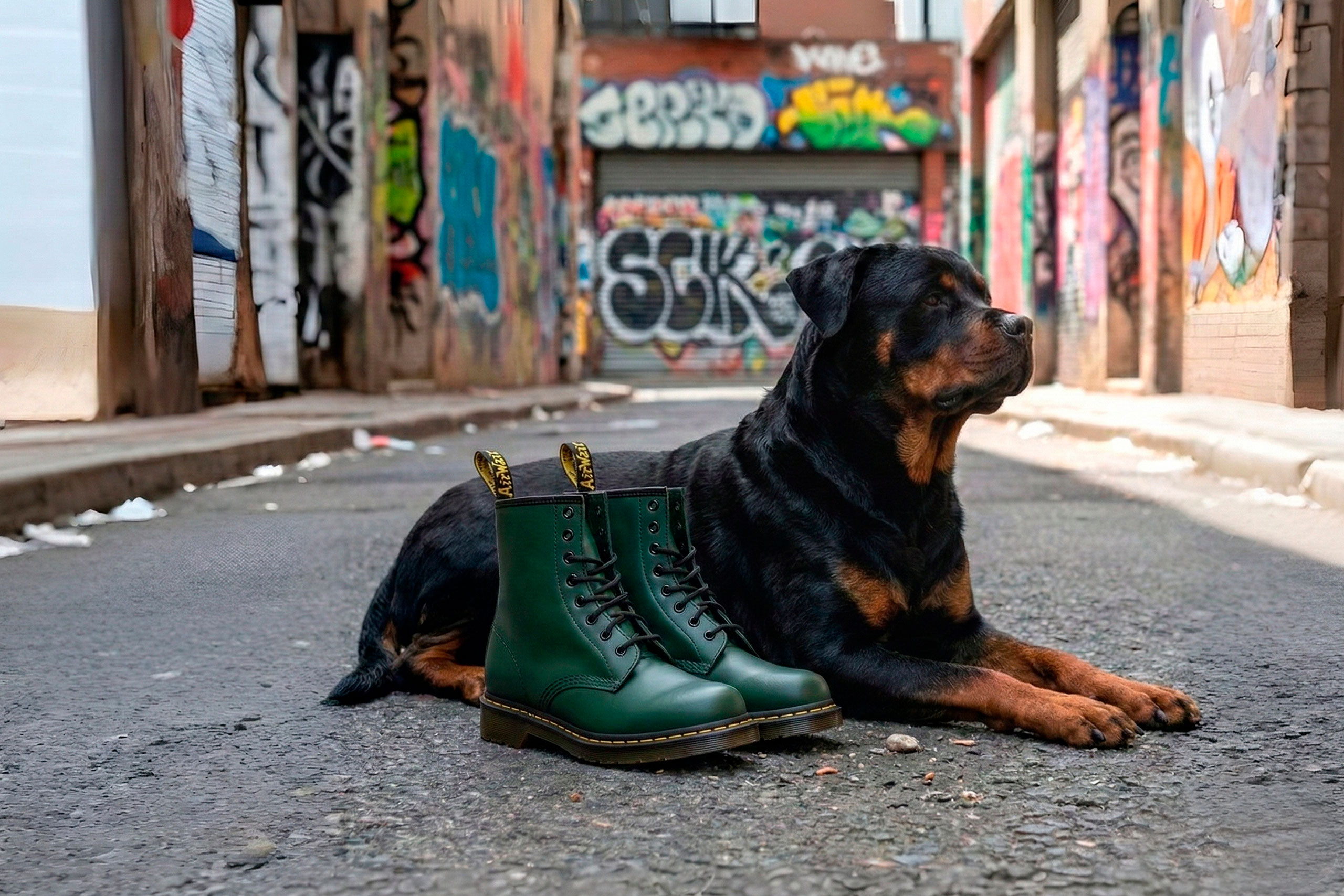 Botas Dr. Martens 1460 verdes junto a un rottweiler en un callejon con graffiti